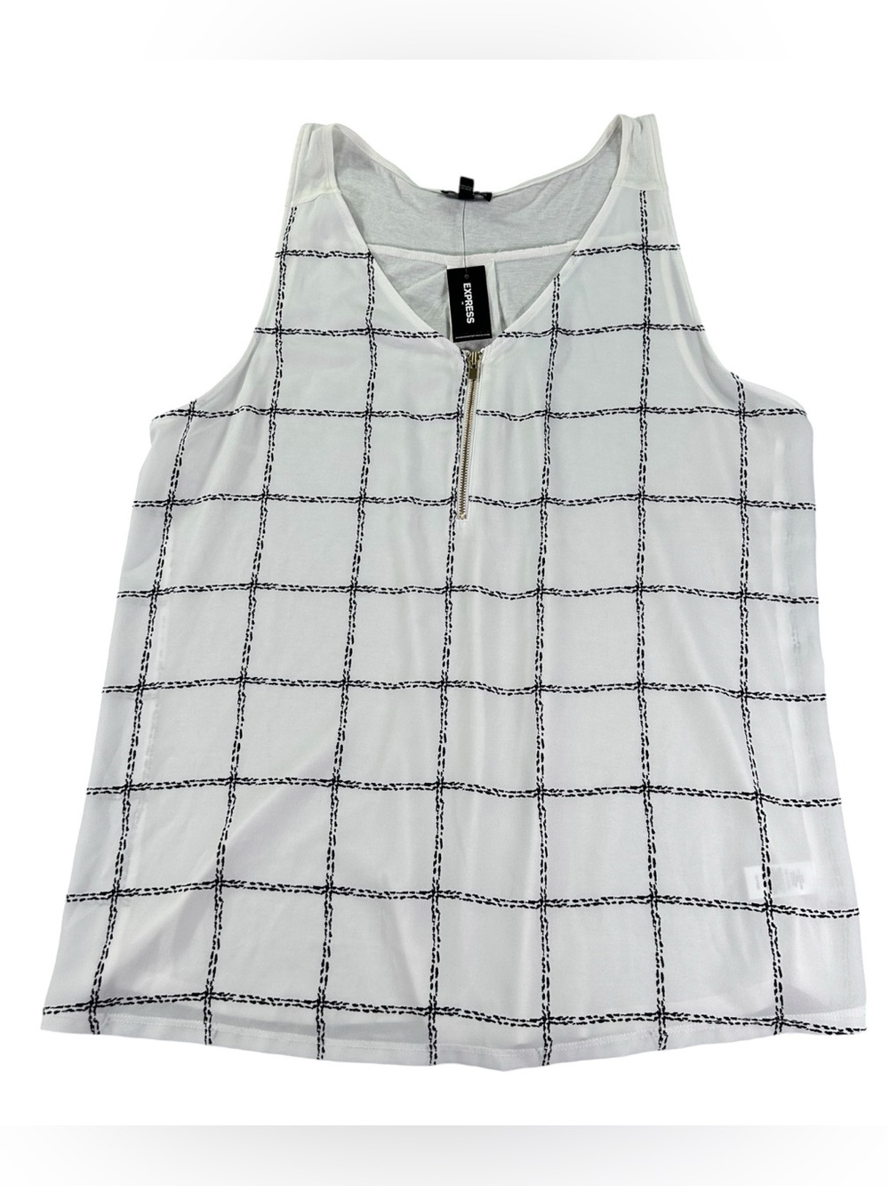 Express Windowpane Grid Tank Blouse Women’s L White Black Zip Front NWT